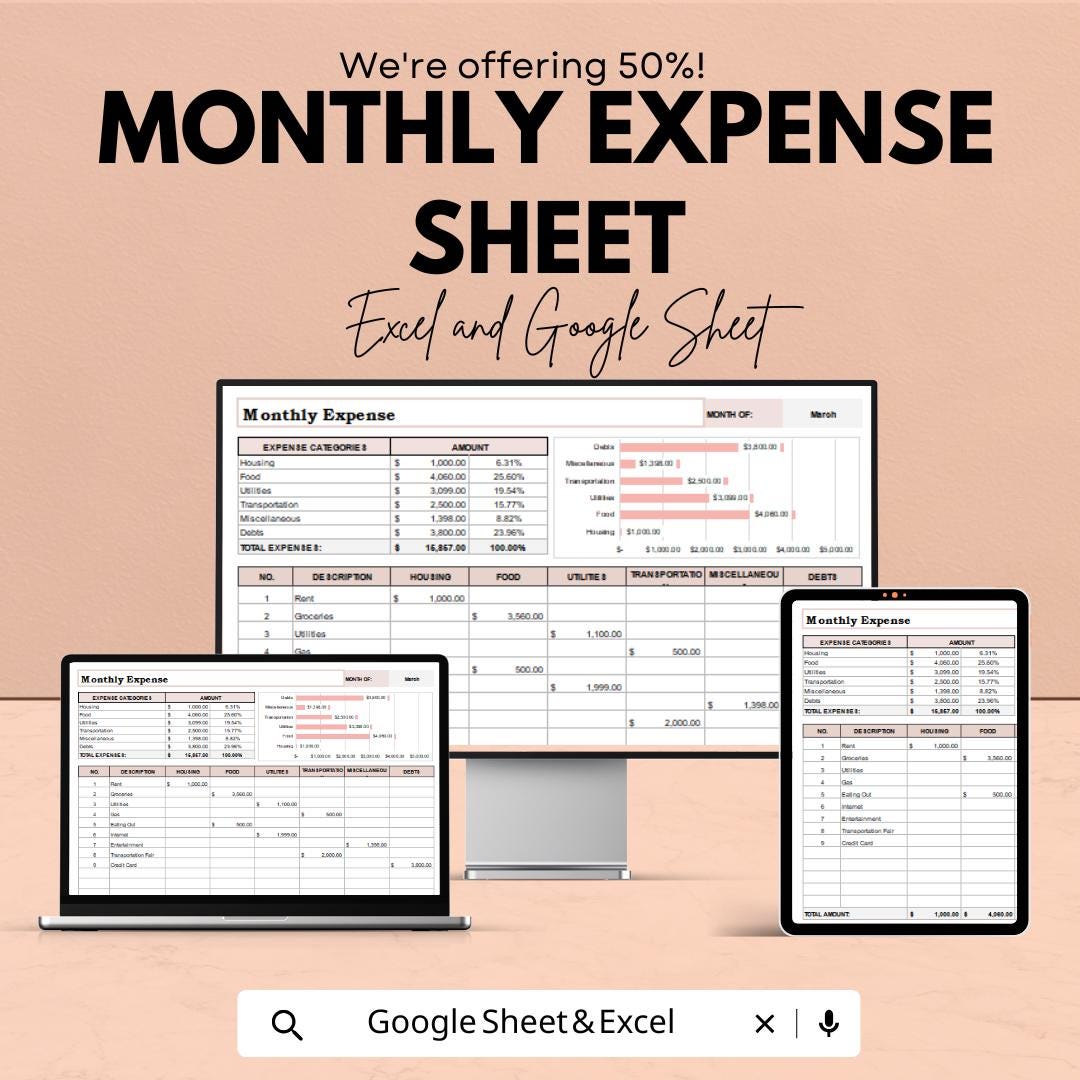 Monthly Expense Sheet Excel & Google Sheets | Budget Tracker, Spending Log, and Expense Analysis Template