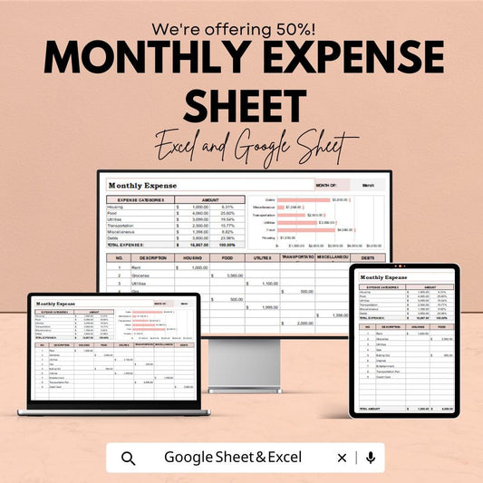 Monthly Expense Sheet Excel & Google Sheets | Budget Tracker, Spending Log, and Expense Analysis Template