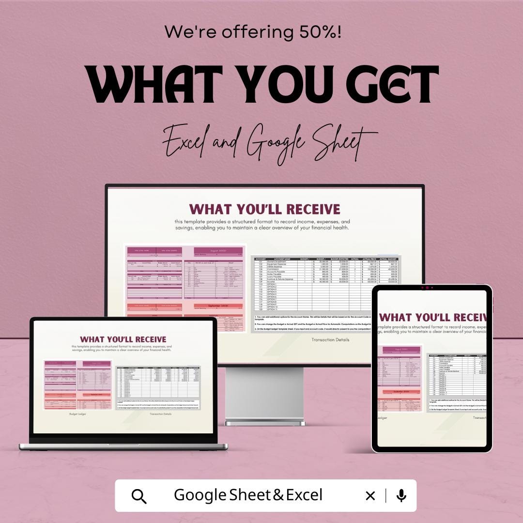 Budget Ledger Sheet - Excel & Google Sheets Template for Financial Tracking | Monthly Budget Planner, Expense Tracker, Budgeting Tool