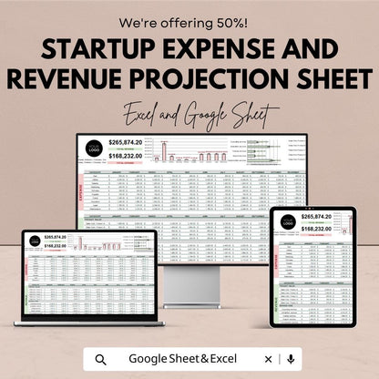 Startup Expense and Revenue Projection Sheet | Excel & Google Sheet | Financial Planning Template | Business Budget | Cash Flow Forecasting