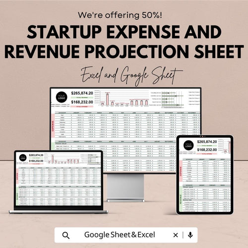 Startup Expense and Revenue Projection Sheet | Excel & Google Sheet | Financial Planning Template | Business Budget | Cash Flow Forecasting