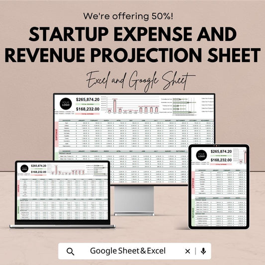 Startup Expense and Revenue Projection Sheet | Excel & Google Sheet | Financial Planning Template | Business Budget | Cash Flow Forecasting