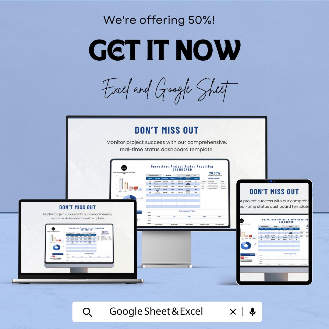 Operations Project Status Reporting Dashboard Template | KPI Dashboard | Business Progress Report | Project Management Spreadsheet