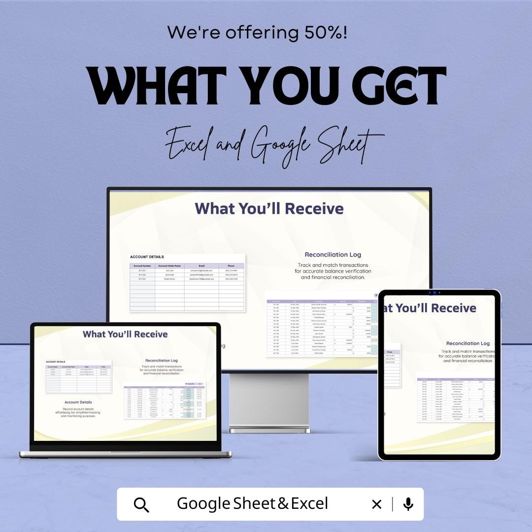Account Transaction Analysis Template | Excel & Google Sheets | Financial Analysis Spreadsheet | Account Reconciliation Tracker