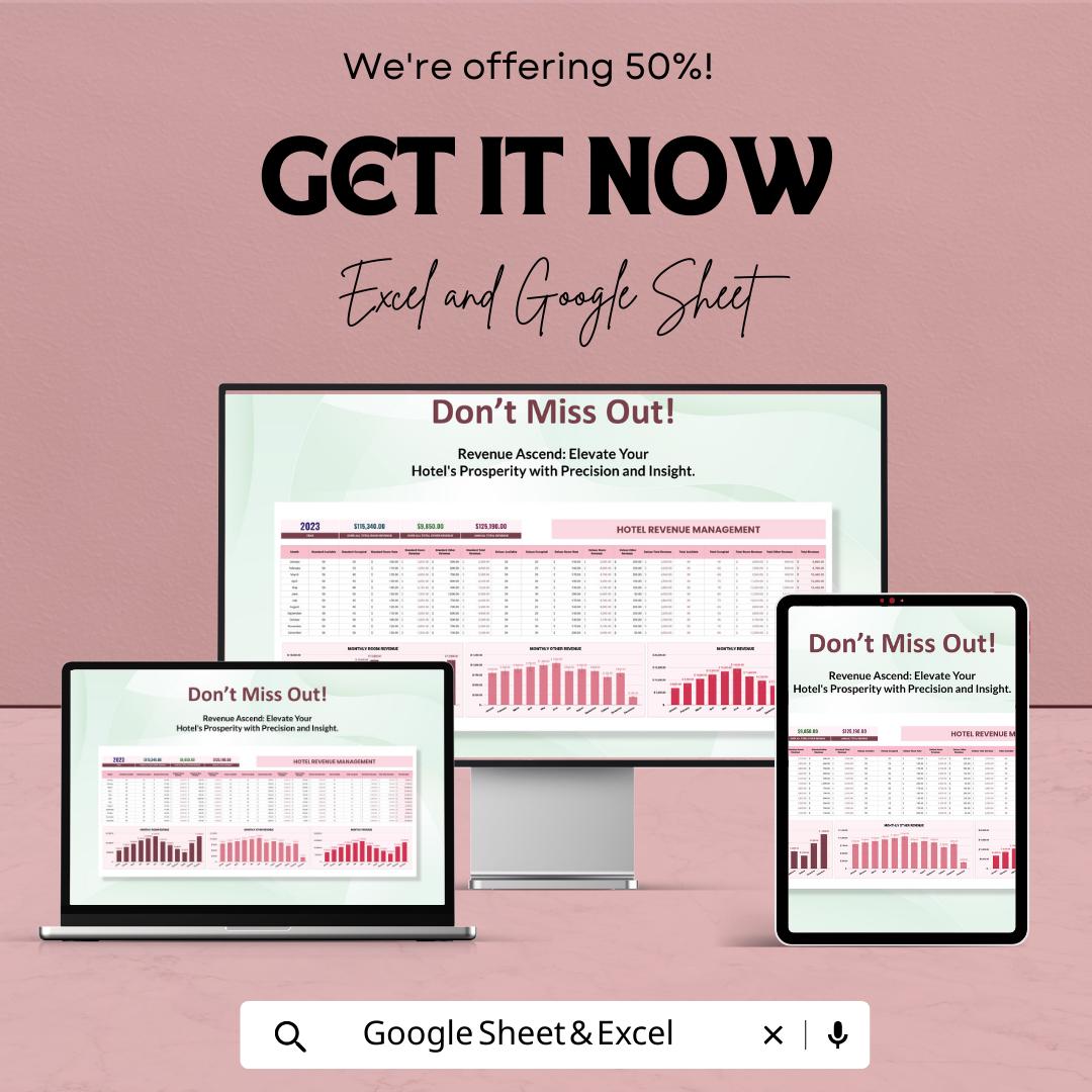Hotel Revenue Management Template Excel, Hotel Revenue Tracker, Hospitality Financial Dashboard, Occupancy Rate Spreadsheet