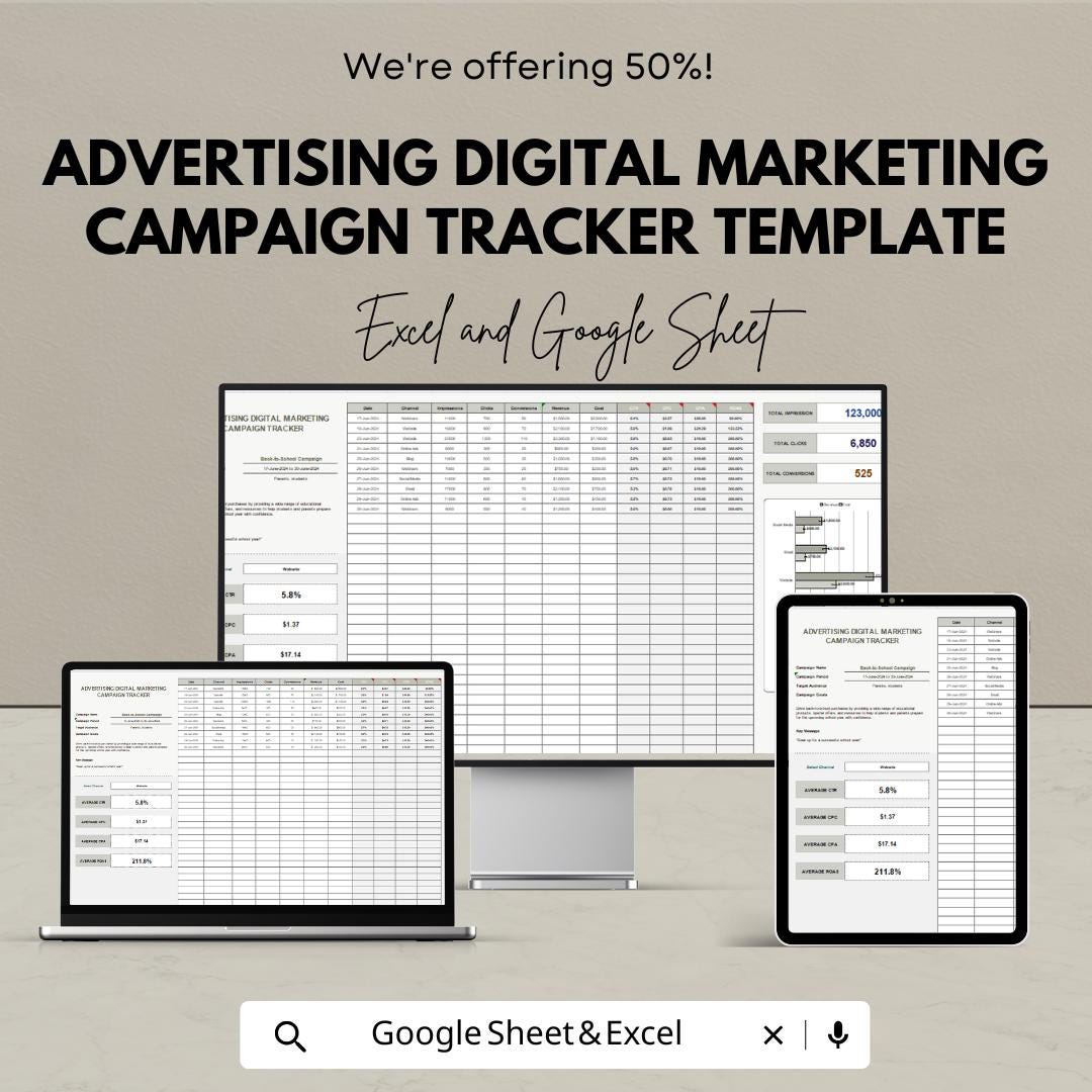 Advertising Digital Marketing Campaign Tracker Template | Ad Performance Tracker | Marketing Metrics Log | CPC CTR CPA Tracker