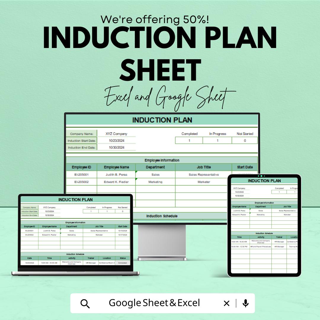 Employee Induction Plan Template - Excel and Google Sheets | Onboarding Schedule & Training Tracker