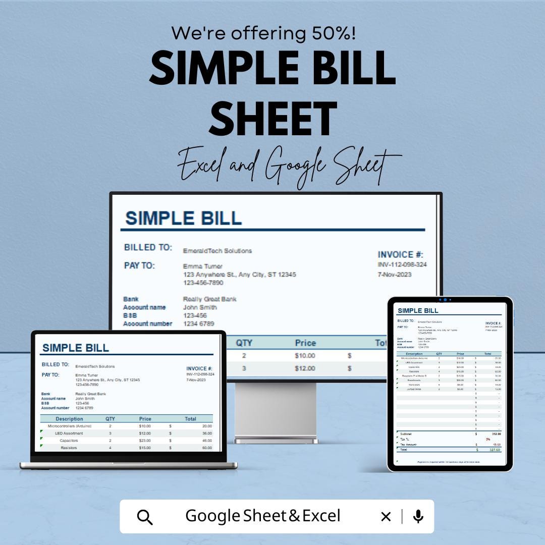 Simple Bill Sheet - Editable Invoice Template for Excel & Google Sheets, Professional Billing, Instant Download