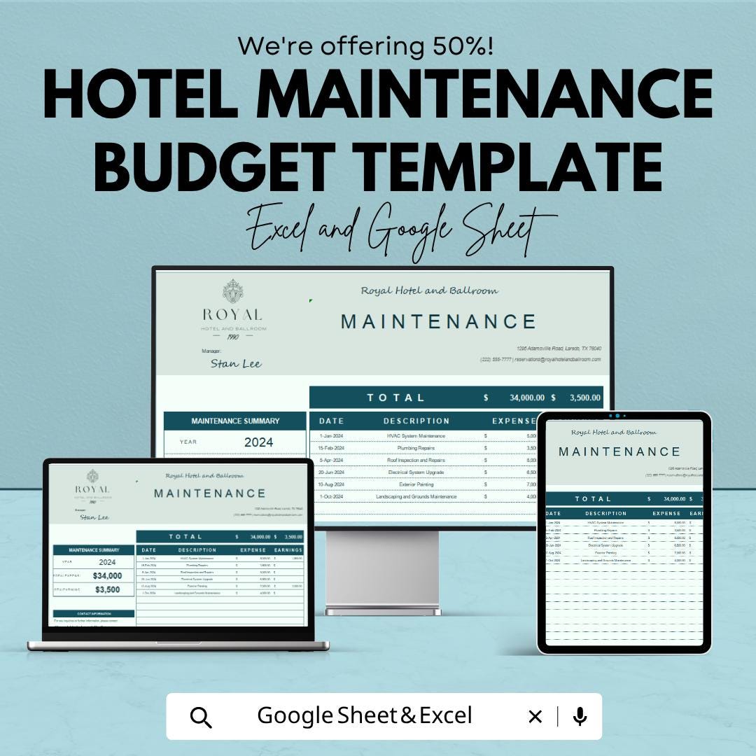 Hotel Maintenance Budget Template | Hospitality Expense Tracker | Property Maintenance Planner | Facility Management Tool