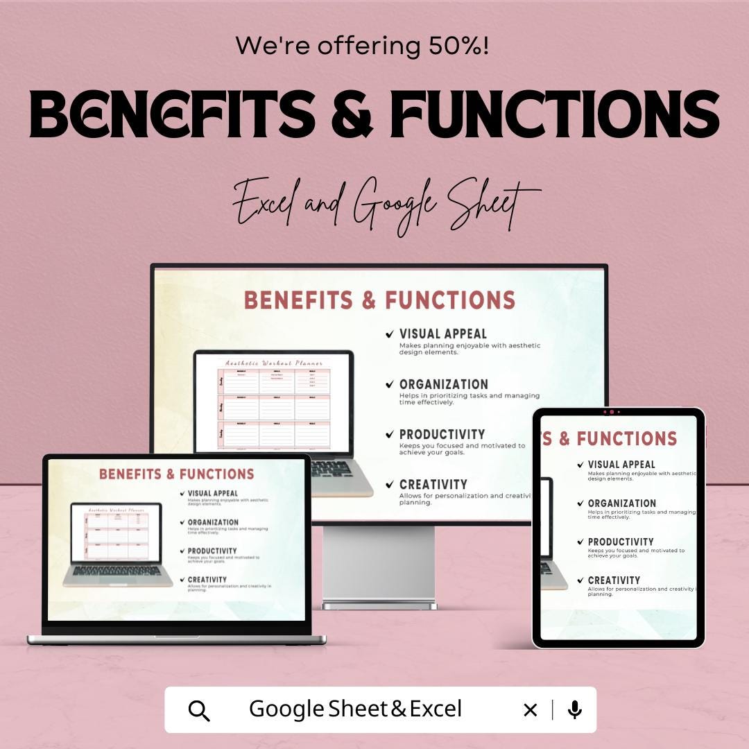 Aesthetic Planner Template | Google Sheets & Excel | Workout and Meal Planner | Weekly Routine Planner | Minimalist Fitness Journal