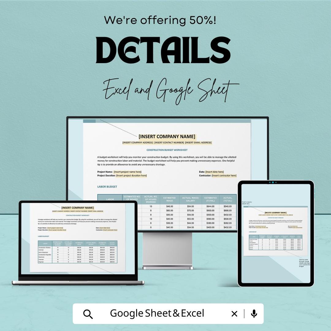 Construction Budget Worksheet Template | Project Cost Estimate Tracker | Building Budget Planner | Editable Spreadsheet