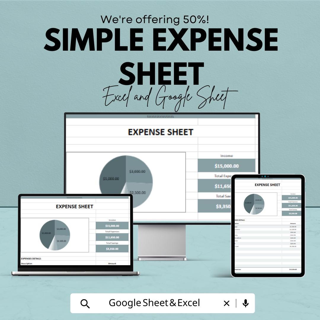 Simple Expense Sheet Template - Excel & Google Sheets for Easy Budget Tracking, Expense Management
