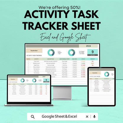 Activity Task Tracker Sheet - Excel & Google Sheets Template | Task Management Tool | Boost Productivity | Work Planner for 2024