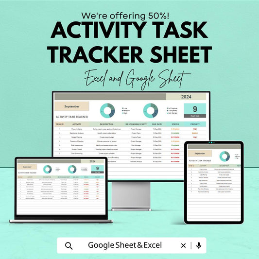 Activity Task Tracker Sheet - Excel & Google Sheets Template | Task Management Tool | Boost Productivity | Work Planner for 2024