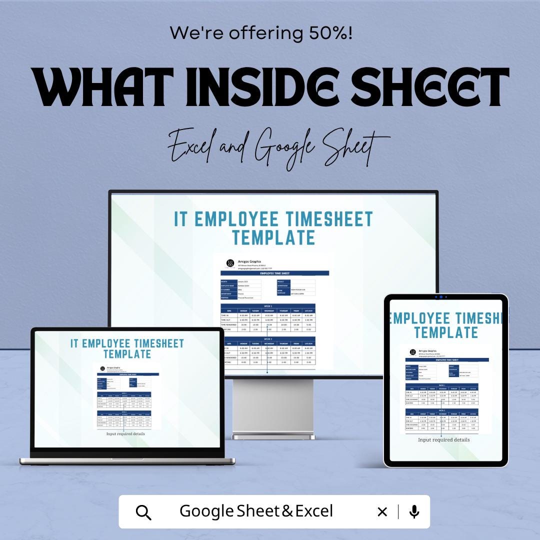 IT Employee Timesheet Template | Project Time Tracking Spreadsheet | Weekly Timesheet | IT Work Log | Staff Time Tracker