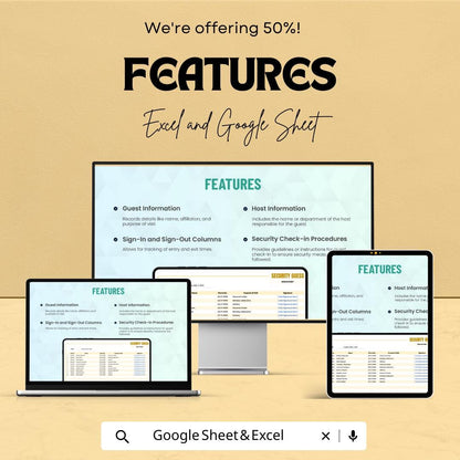 Security Guest Sign-in Sheet | Google Sheets Template | Track Visitor Details | Sign-In Log for Premises Security | Event Guest Management