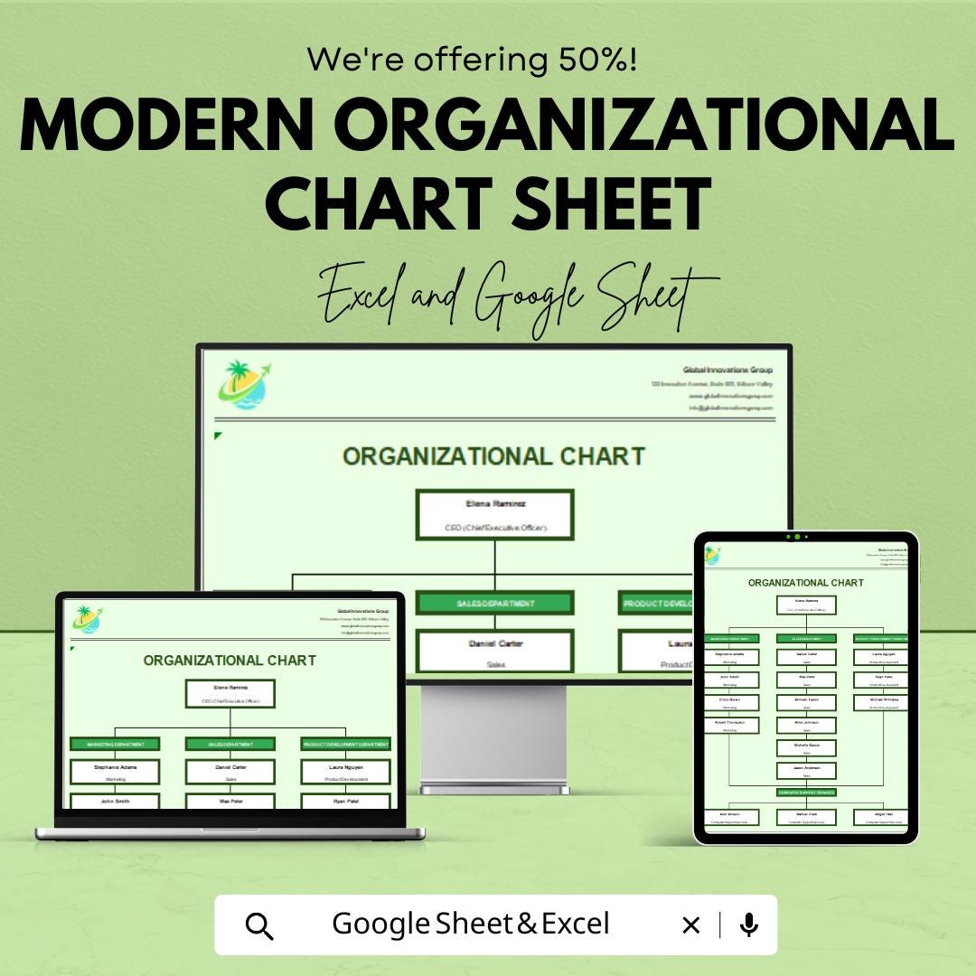 Modern Organizational Chart Template - Editable Excel & Google Sheets - Streamline Company Structure, Visualize Team Roles