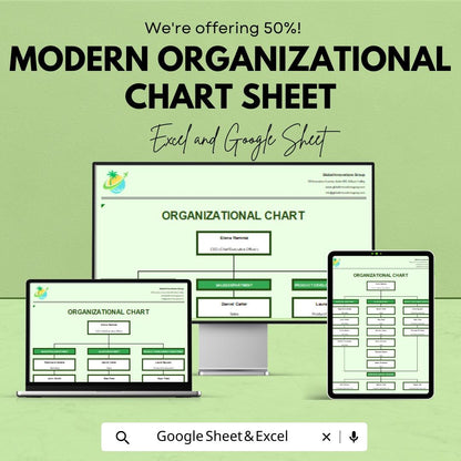 Modern Organizational Chart Template - Editable Excel & Google Sheets - Streamline Company Structure, Visualize Team Roles