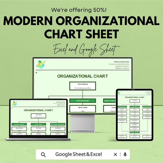 Modern Organizational Chart Template - Editable Excel & Google Sheets - Streamline Company Structure, Visualize Team Roles