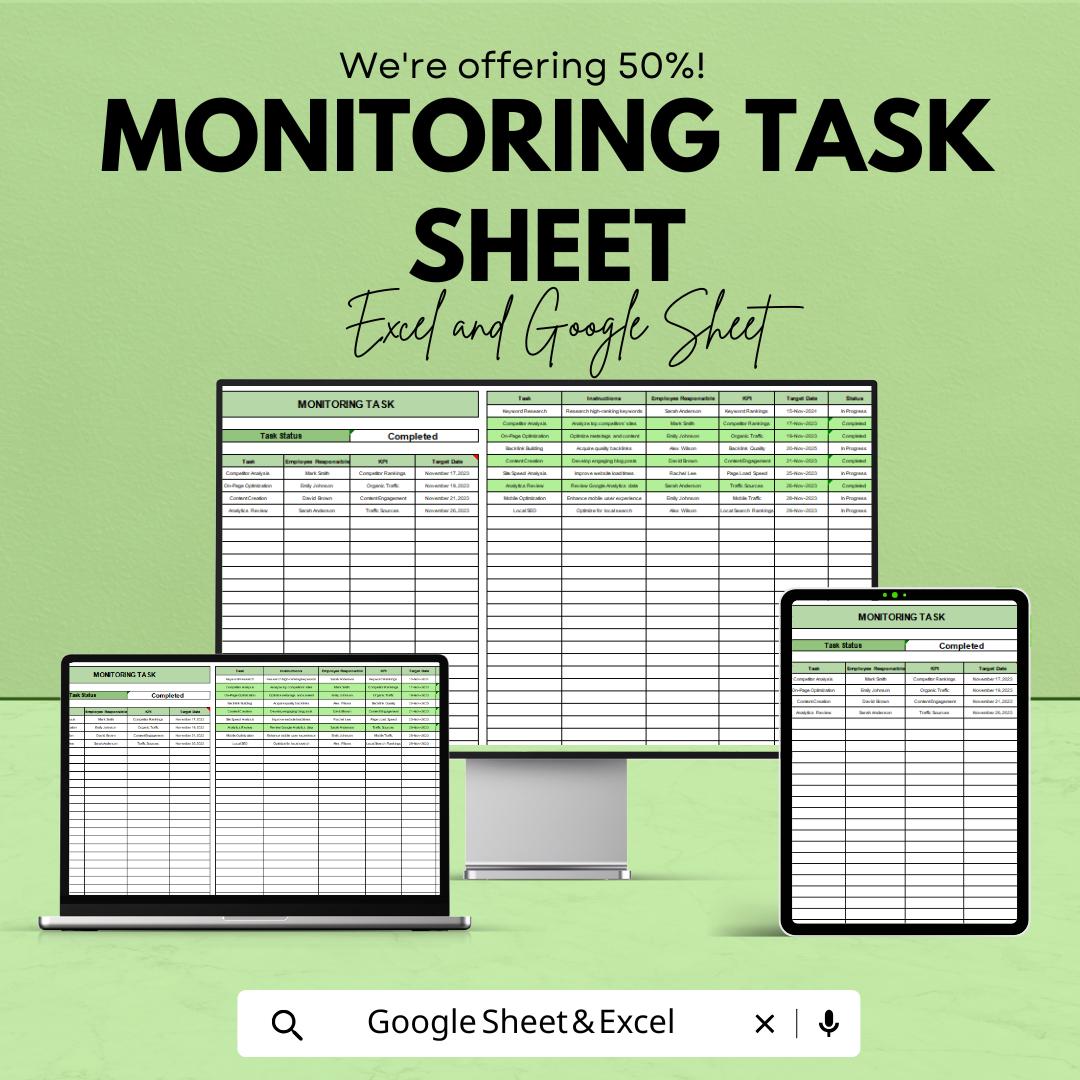 Monitoring Task Sheet Excel & Google Sheets | Task Tracker Template for Status, KPIs, and Goal Progress