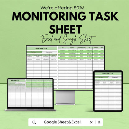 Monitoring Task Sheet Excel & Google Sheets | Task Tracker Template for Status, KPIs, and Goal Progress