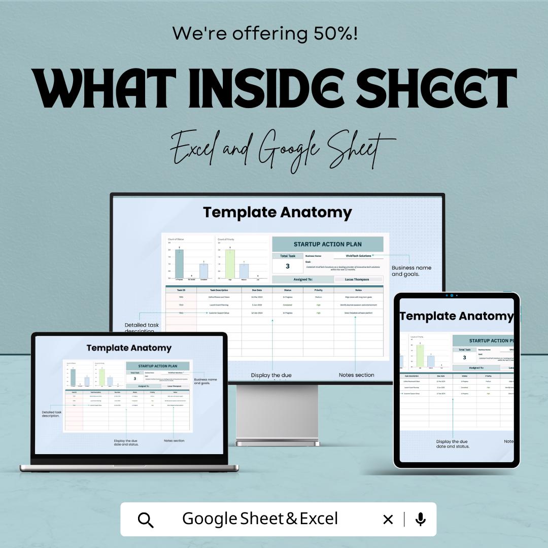 Startup Action Plan Template - Excel & Google Sheet - Business Task Tracker, Goal Setting, Startup Planning, Action Plan for Entrepreneurs,