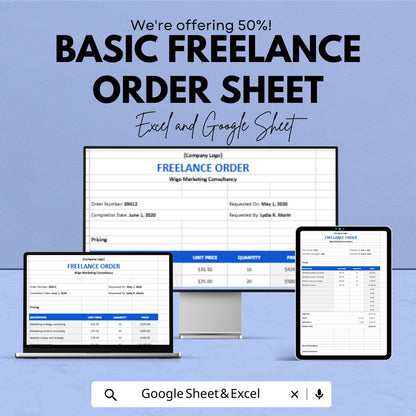 Basic Freelance Order Sheet – Excel & Google Sheets Template for Freelancers, Pricing, Invoice, and Client Management