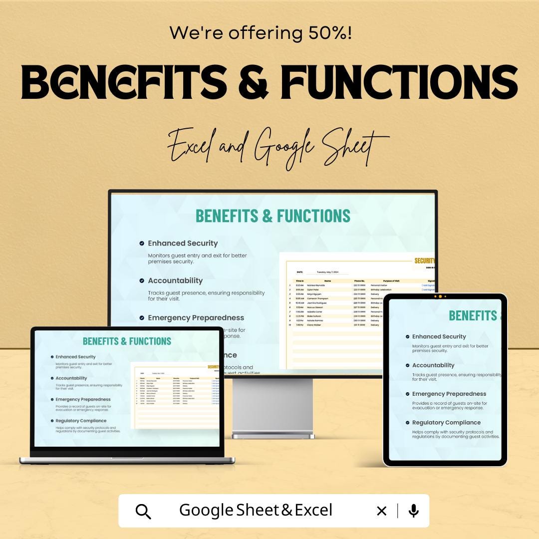 Security Guest Sign-in Sheet | Google Sheets Template | Track Visitor Details | Sign-In Log for Premises Security | Event Guest Management