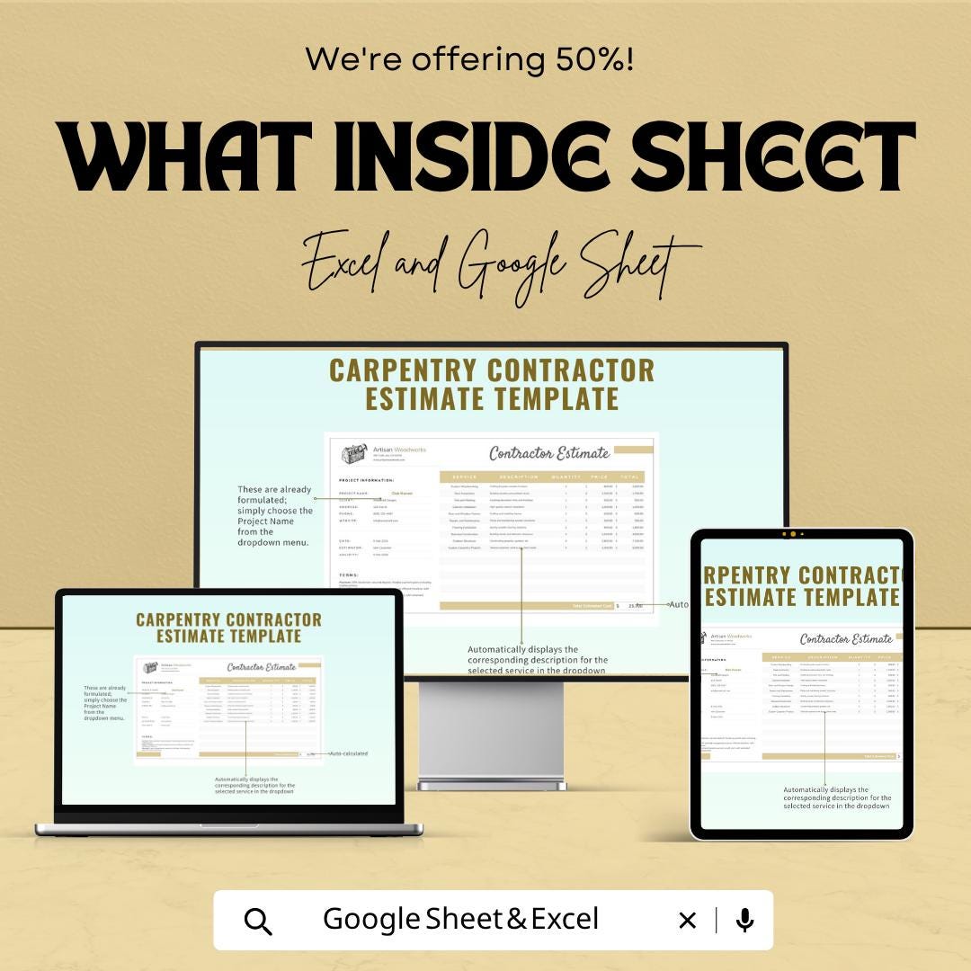 Carpentry Contractor Estimate Template | Construction Estimate Spreadsheet | Woodworking Quote Template | Excel & Google Sheets |