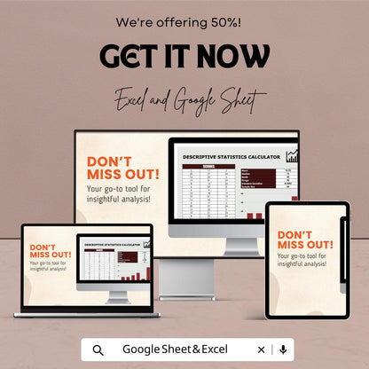 Descriptive Statistics Calculator Sheet for Excel & Google Sheets | Data Analysis Template | Statistical Calculator | Instant Download