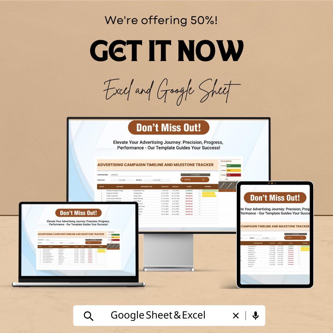Advertising Campaign Timeline and Milestone Tracker Template, Marketing Timeline Spreadsheet, Campaign Planner Excel,  Ad Campaign Schedule