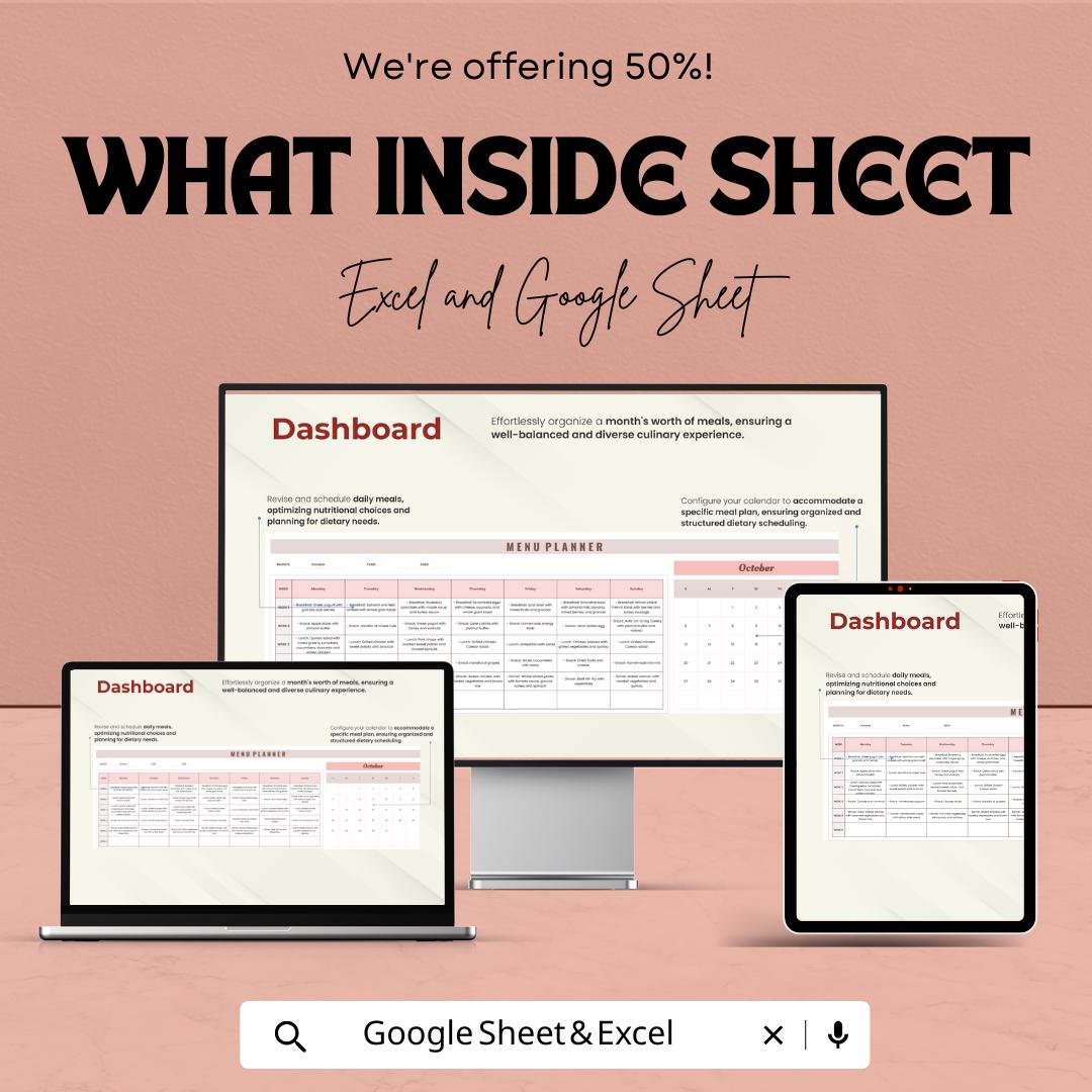 Menu Planner Sheet - Monthly Meal Planner Excel & Google Sheet Template for Organized Weekly Meal Prep