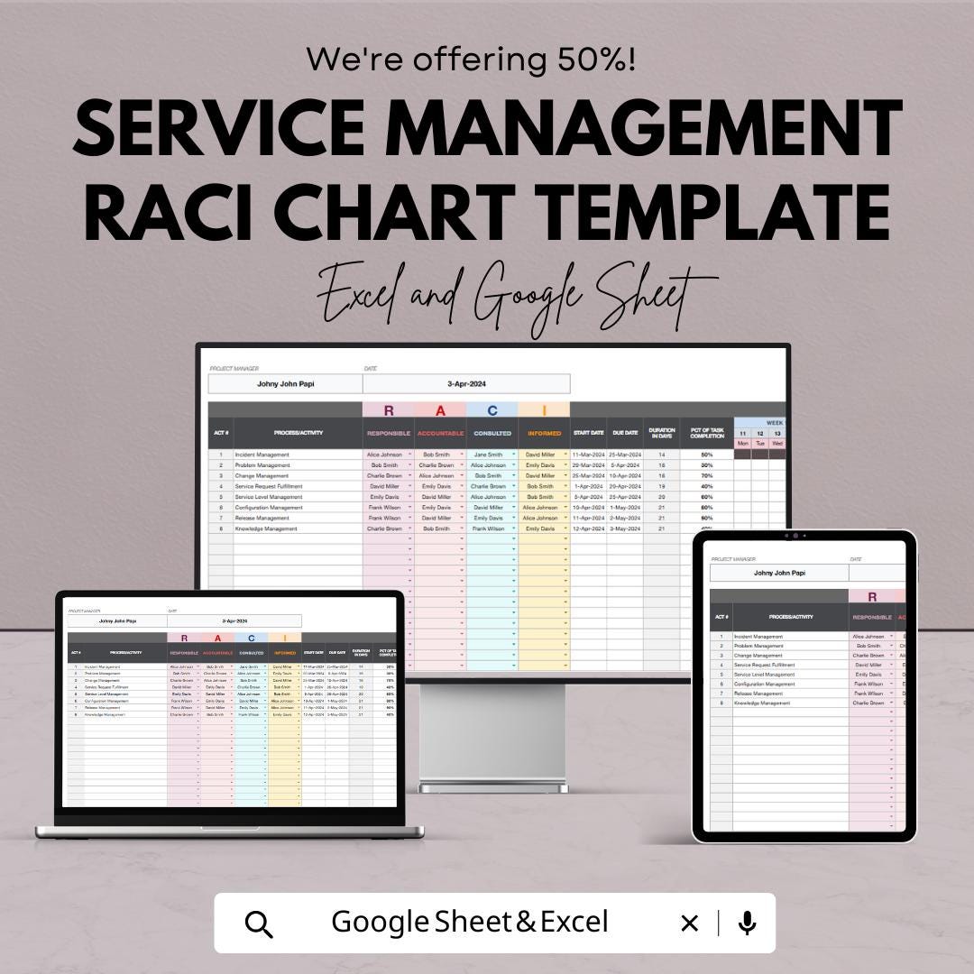 Service Management RACI Chart Template , Responsibility Assignment Matrix, Project Role Tracker, Task Responsibility Spreadsheet