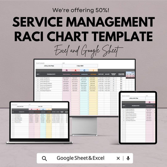 Service Management RACI Chart Template , Responsibility Assignment Matrix, Project Role Tracker, Task Responsibility Spreadsheet