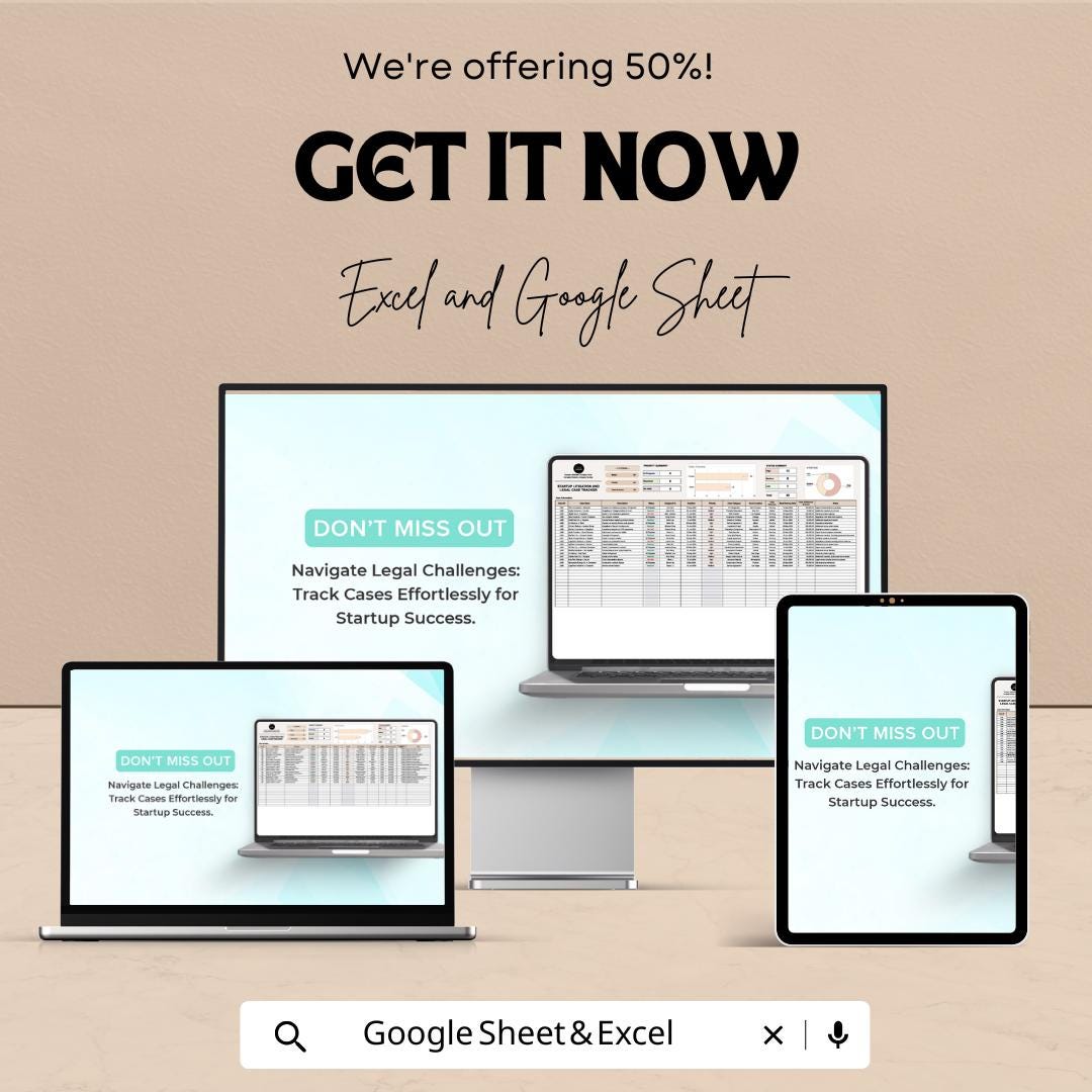 Startup Litigation and Legal Case Tracker Template | Excel & Google Sheets | Legal Case Management, Lawsuit Tracker, Startup Legal Tool