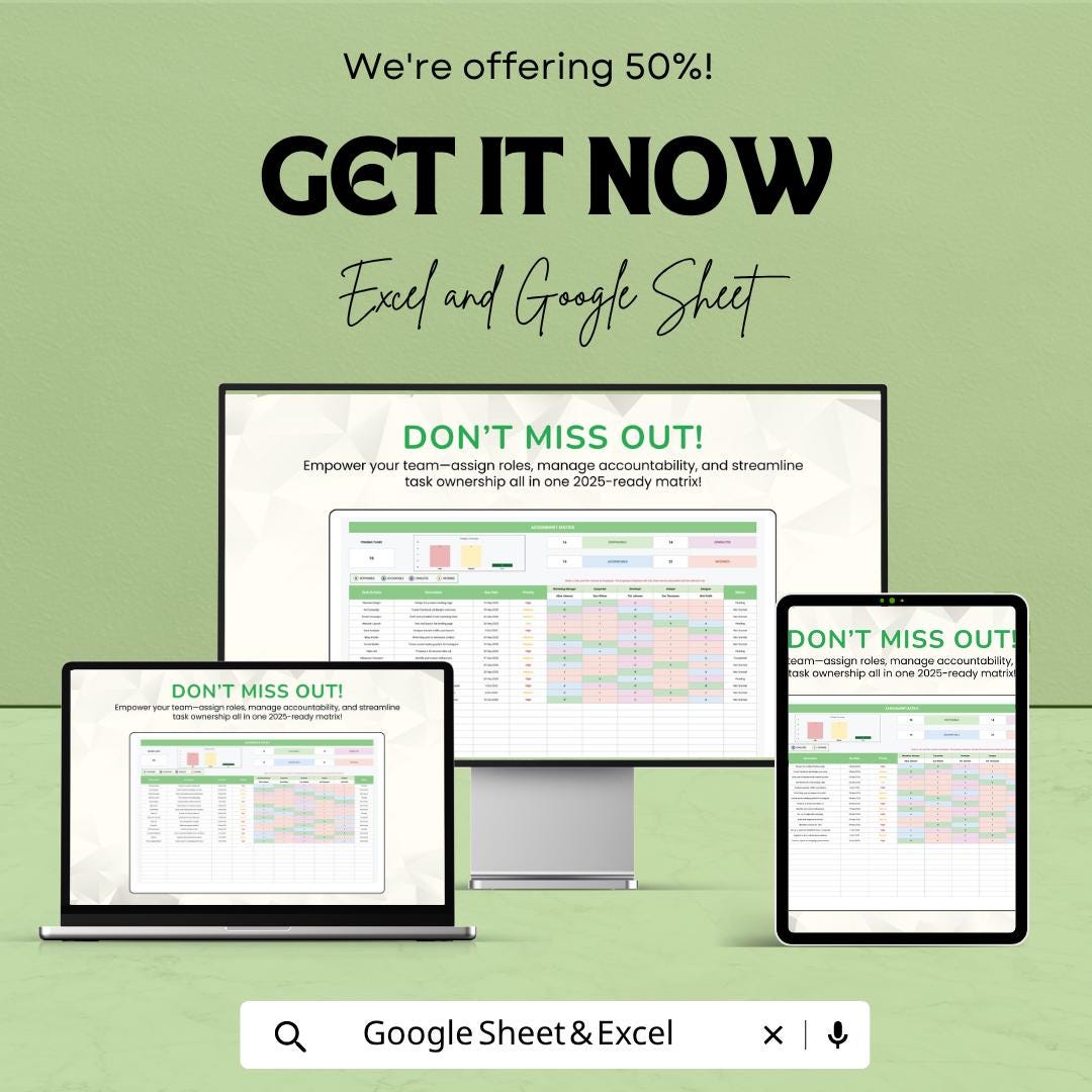 Assignment Matrix Template | RACI Matrix Spreadsheet | Task Management Tracker | Excel & Google Sheets | Team Assignment Planner Dashboard