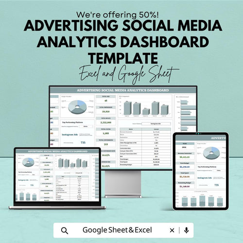 Advertising Social Media Analytics Dashboard Template  | Marketing KPI Tracker | Social Media Performance Report | Ad Analytics Spreadsheet