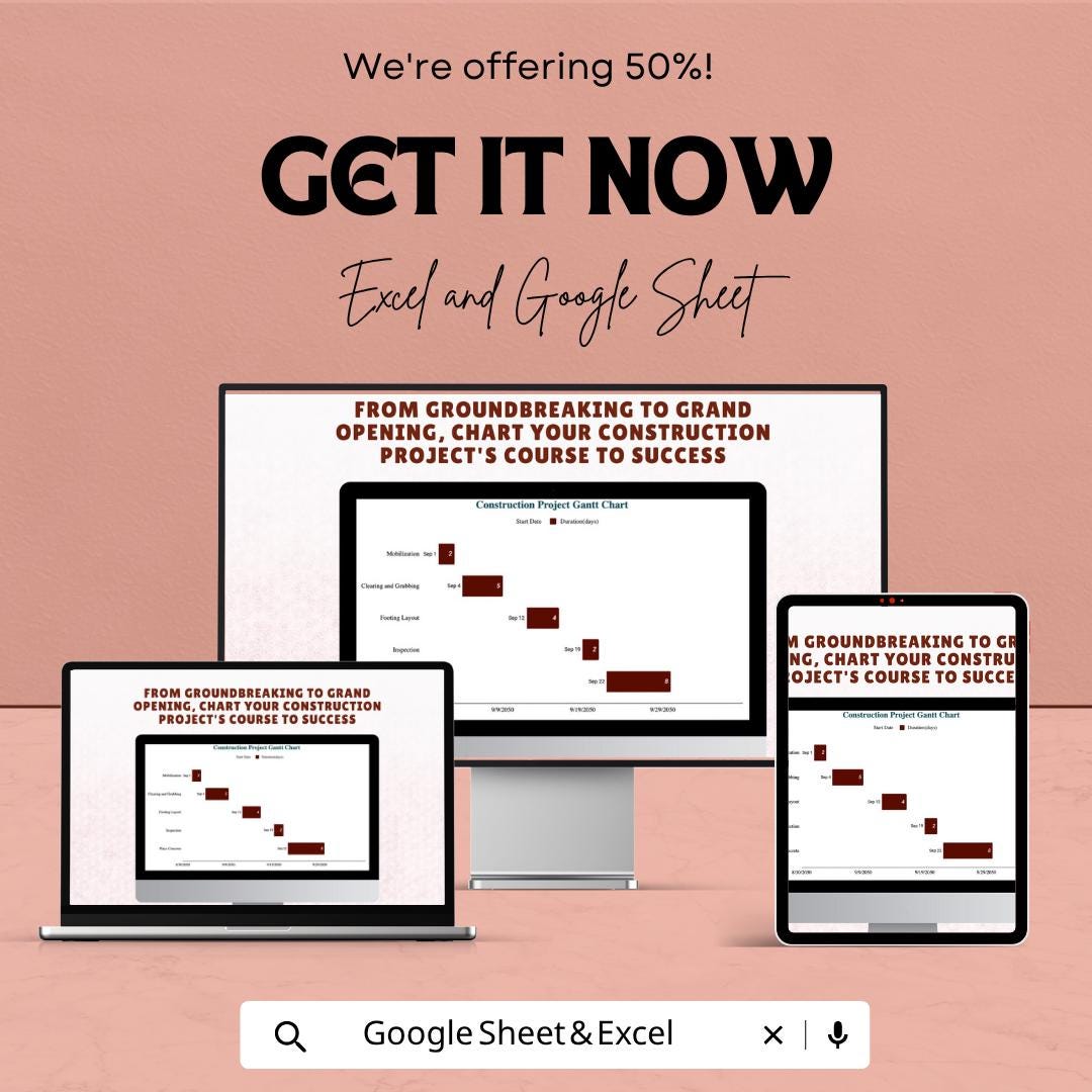 Construction Bar Chart Template | Construction Gantt Chart Spreadsheet | Project Timeline Planner | Construction Schedule Template |