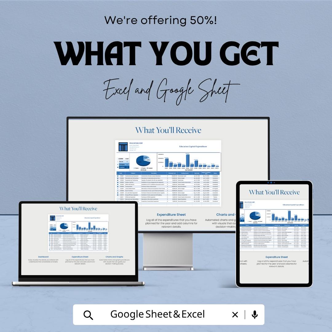Education Capital Expenditure Template | School Budget Planner | Education Expense Tracker | Excel & Google Sheets | Capital