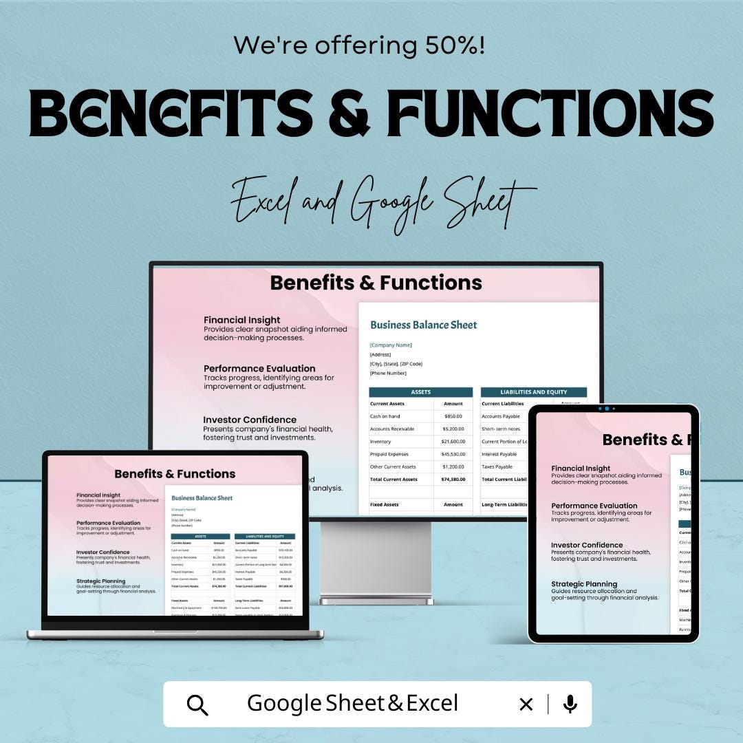 Small Business Balance Sheet - Excel & Google Sheet Template | Financial Tracking for Small Businesses | Easy-to-Use | 50% Off