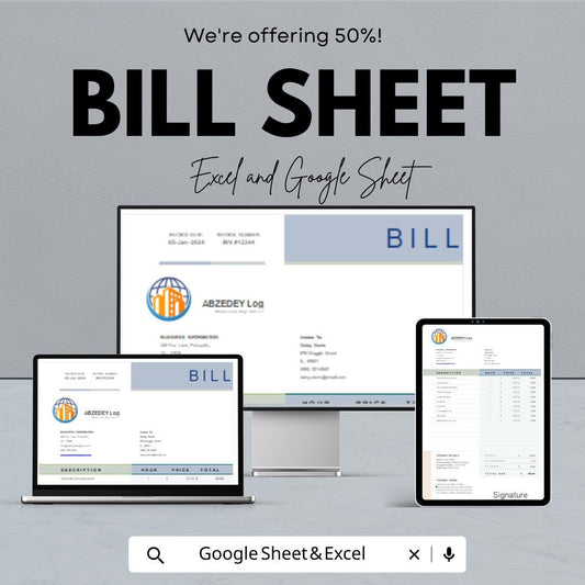 50% Off | Customizable Bill Sheet Template for Excel & Google Sheets | Invoice Template | Professional Bill Format for Business