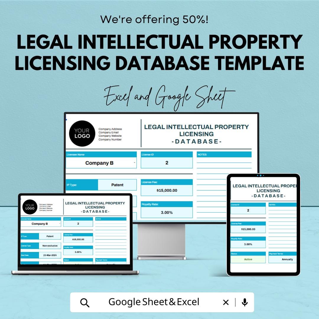 Legal Intellectual Property Licensing Database Template, IP License Tracker, Trademark & Patent Licensing Log