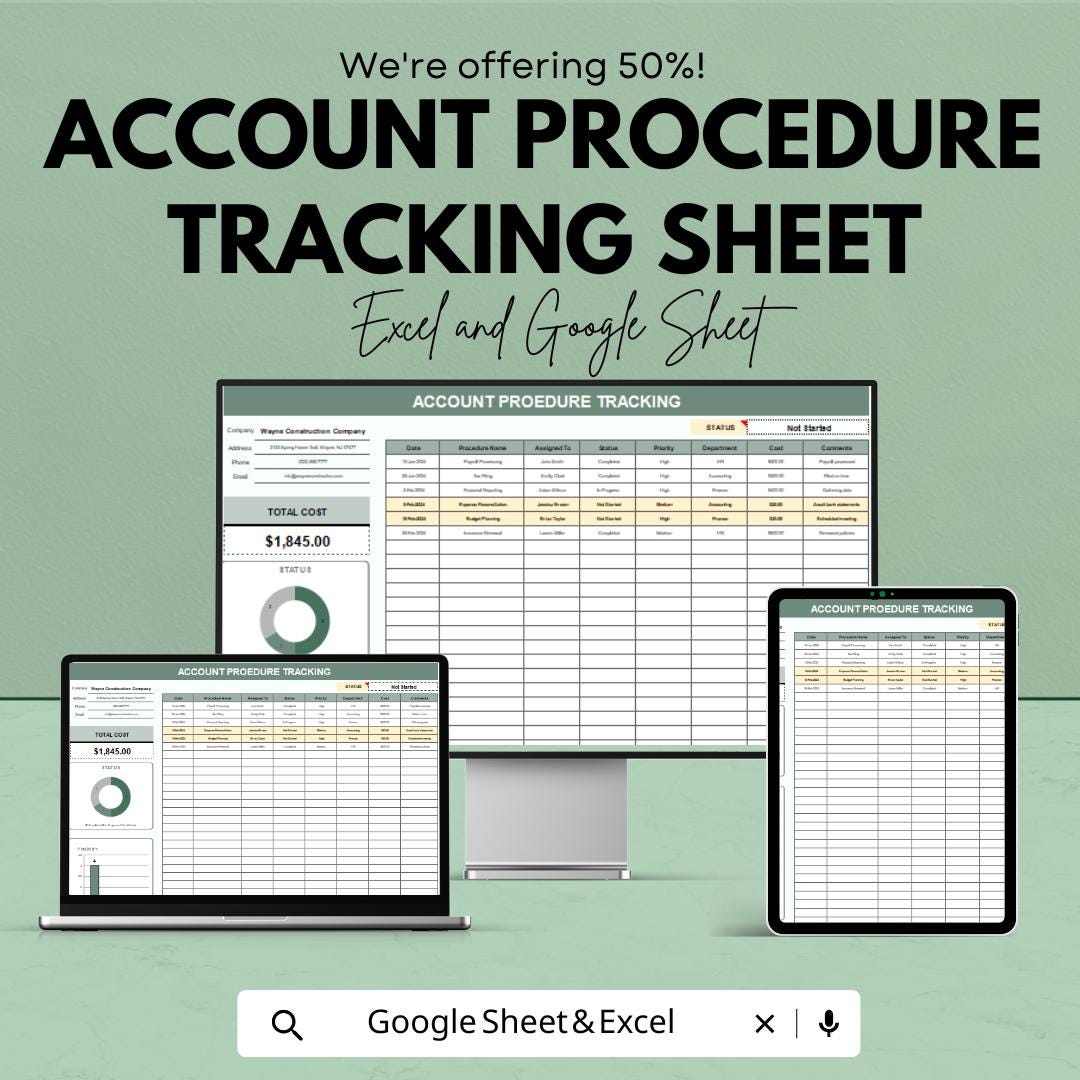 Account Procedure Tracking Sheet | Excel & Google Sheet Template | Task and Budget Tracker | Expense Log | Progress Tracking | 50% OFF!