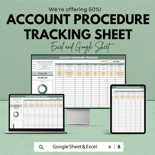 Account Procedure Tracking Sheet | Excel & Google Sheet Template | Task and Budget Tracker | Expense Log | Progress Tracking | 50% OFF!