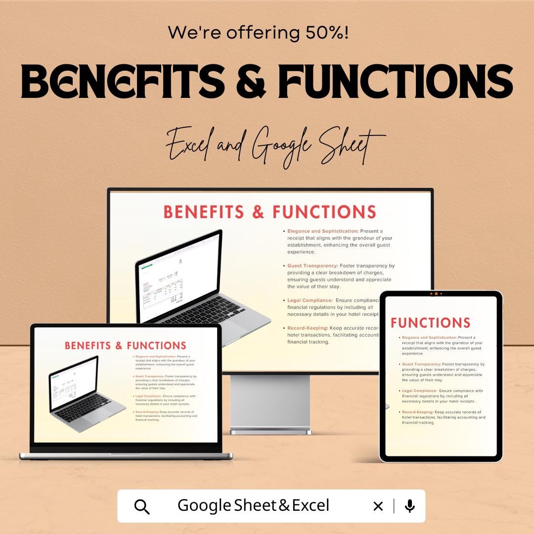 Grand Hotel Receipt Template | Editable Invoice Sheet for Hotels | Excel & Google Sheets | Instant Download