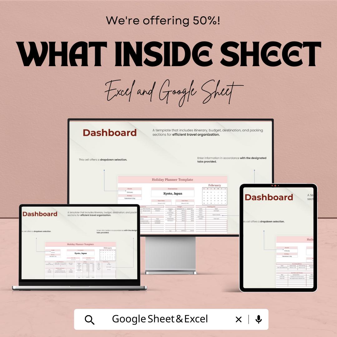 Holiday Planner Sheet - Travel Itinerary, Budget Tracker, Packing List, Google Sheets & Excel Template, Vacation Planner, Instant Download