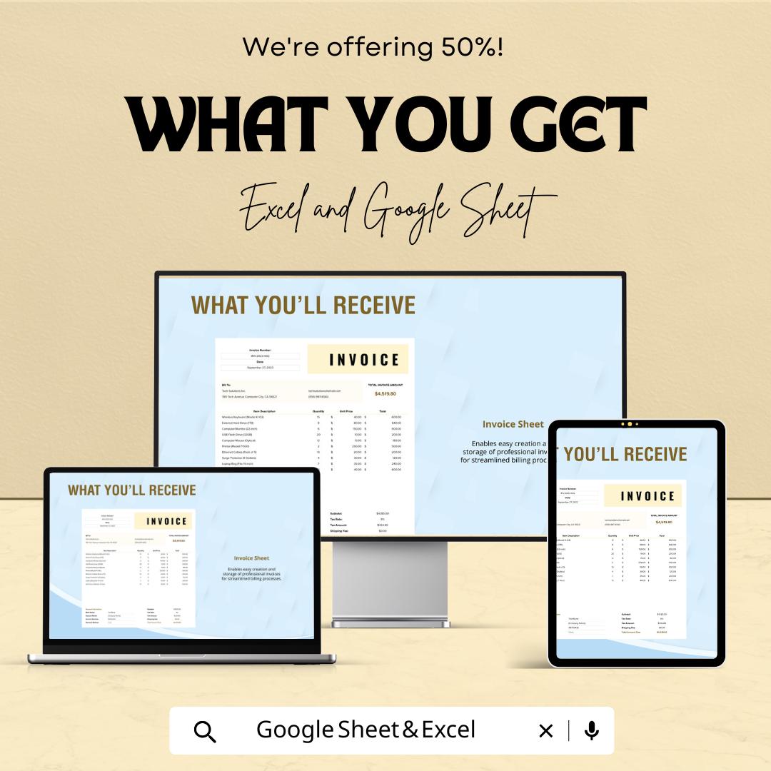 Printable Downloadable Invoice Sheet Template for Excel and Google Sheets | Customizable & Editable Invoice Format