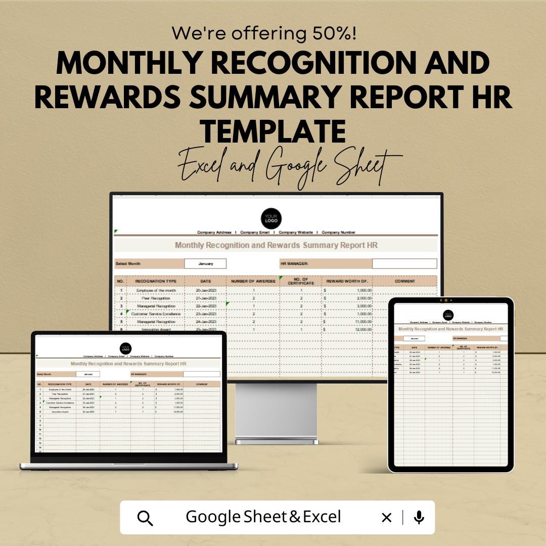 Monthly Recognition and Rewards Summary Report | HR Template for Excel & Google Sheets | Employee Recognition Tracker