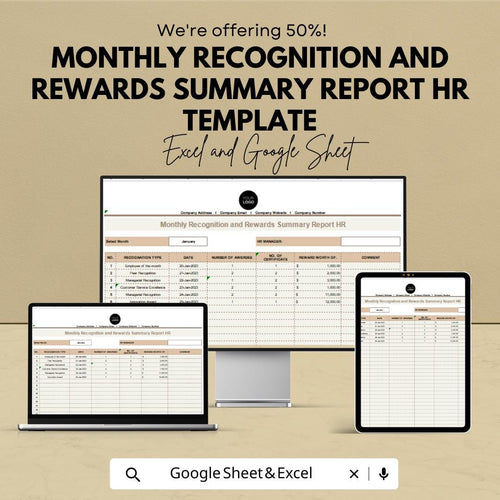 Monthly Recognition and Rewards Summary Report | HR Template for Excel & Google Sheets | Employee Recognition Tracker