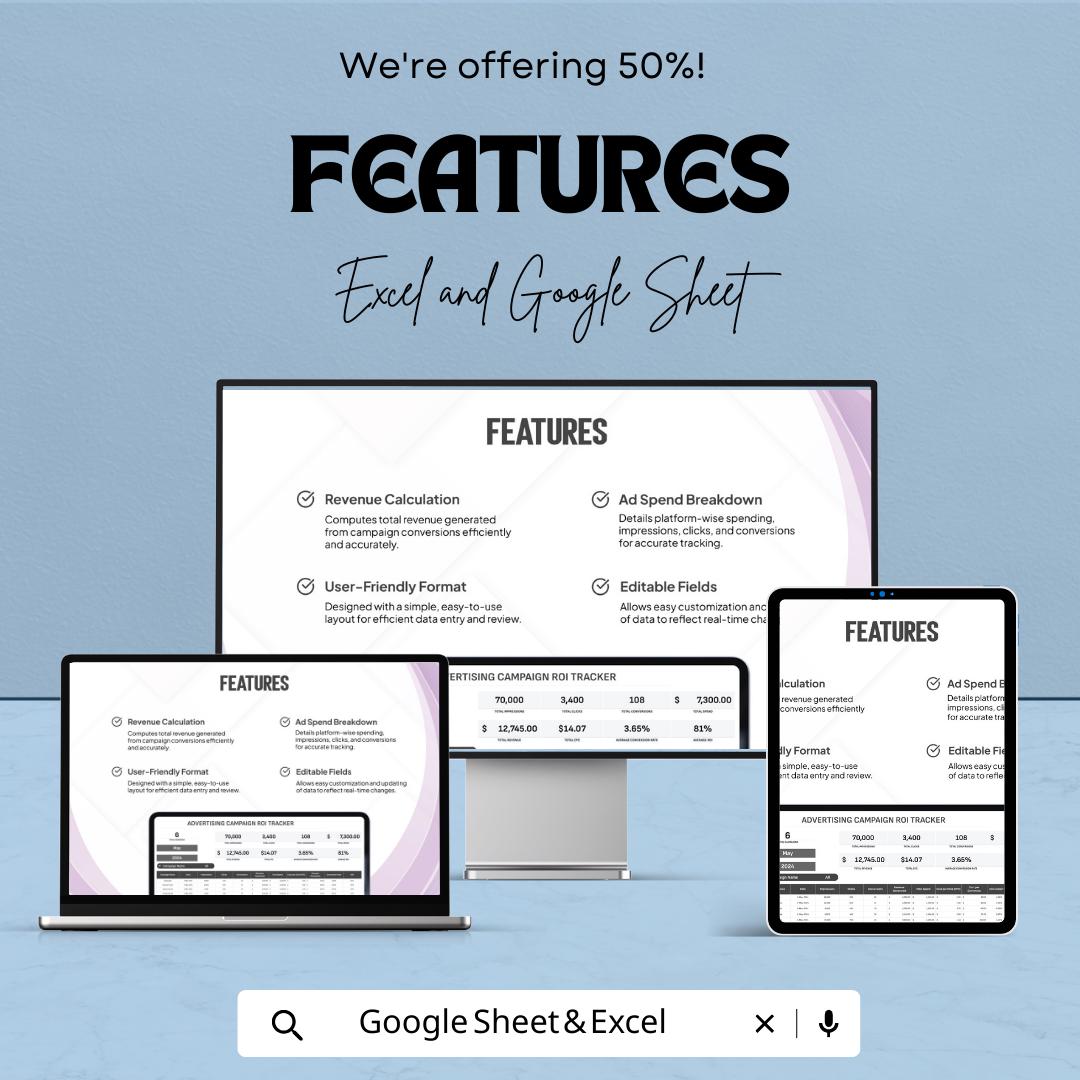 Advertising Campaign ROI Tracker Template, Marketing ROI Spreadsheet, Ad Performance Tracker Excel, Campaign ROI Calculator
